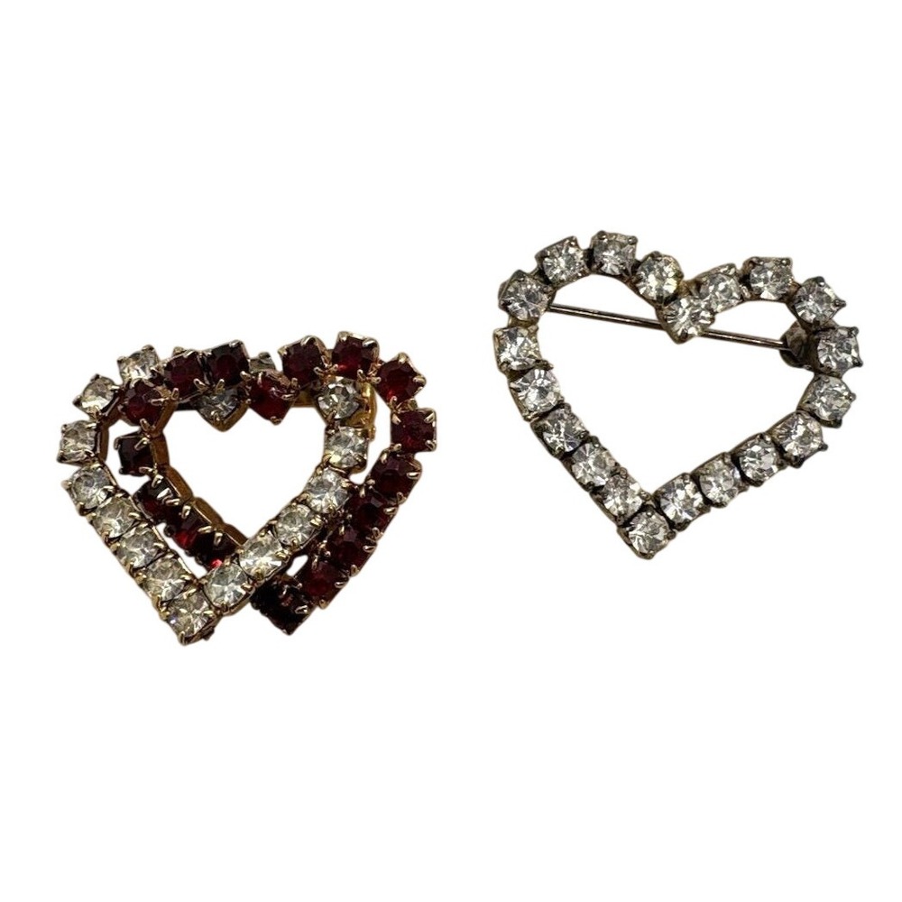 Lot of 2 Vintage Rhinestone Heart Brooch Pins Ruby Red & Clear Stones Open Heart
